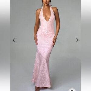 Backless Halter Pink Satin Jacquard Evening Dress